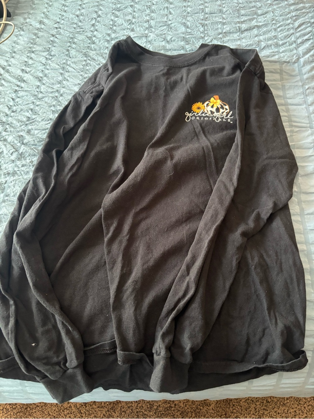 Black Long-Sleeve Tee with Sunflower Graphic